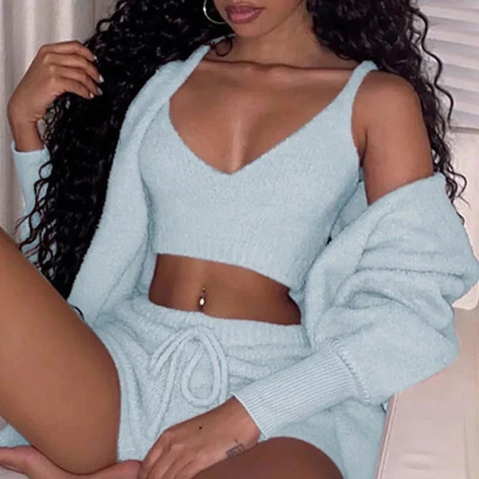 Women’s 3-Piece Pajama Set with Long Sleeve Crop Top