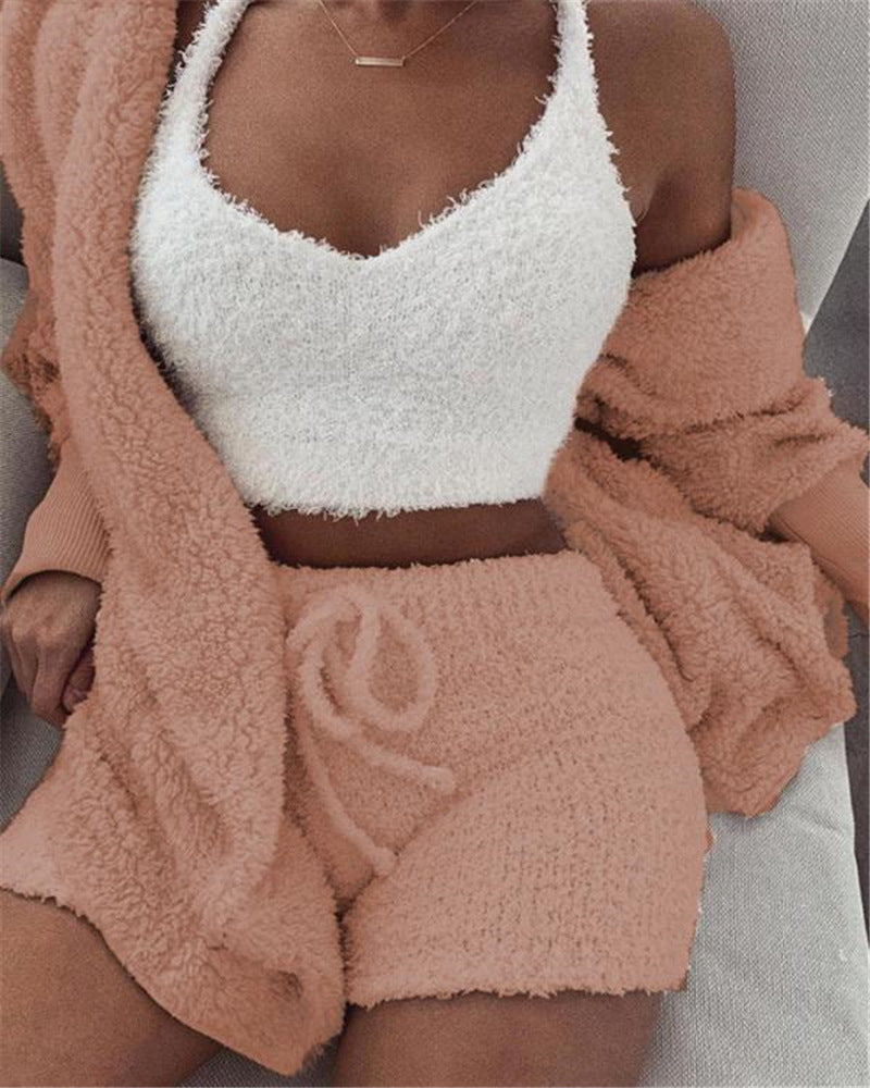 Women’s 3-Piece Pajama Set with Long Sleeve Crop Top