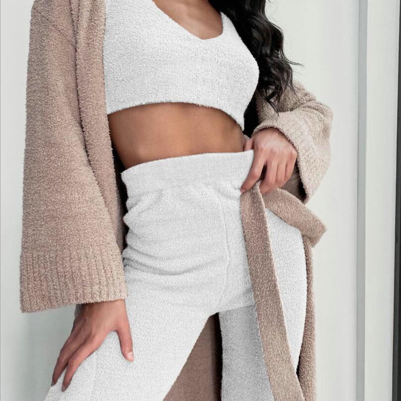 Women’s 3-Piece Pajama Set with Long Sleeve Crop Top