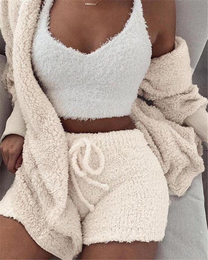 Women’s 3-Piece Pajama Set with Long Sleeve Crop Top