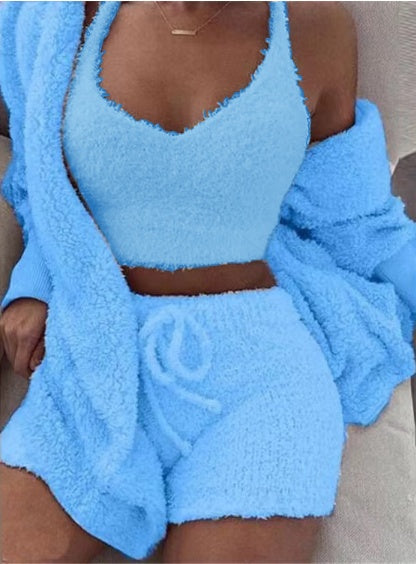 Women’s 3-Piece Pajama Set with Long Sleeve Crop Top